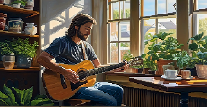 A musician plays an acoustic guitar in a cozy coffee shop with sunlight streaming through the window, surrounded by plants and coffee cups.