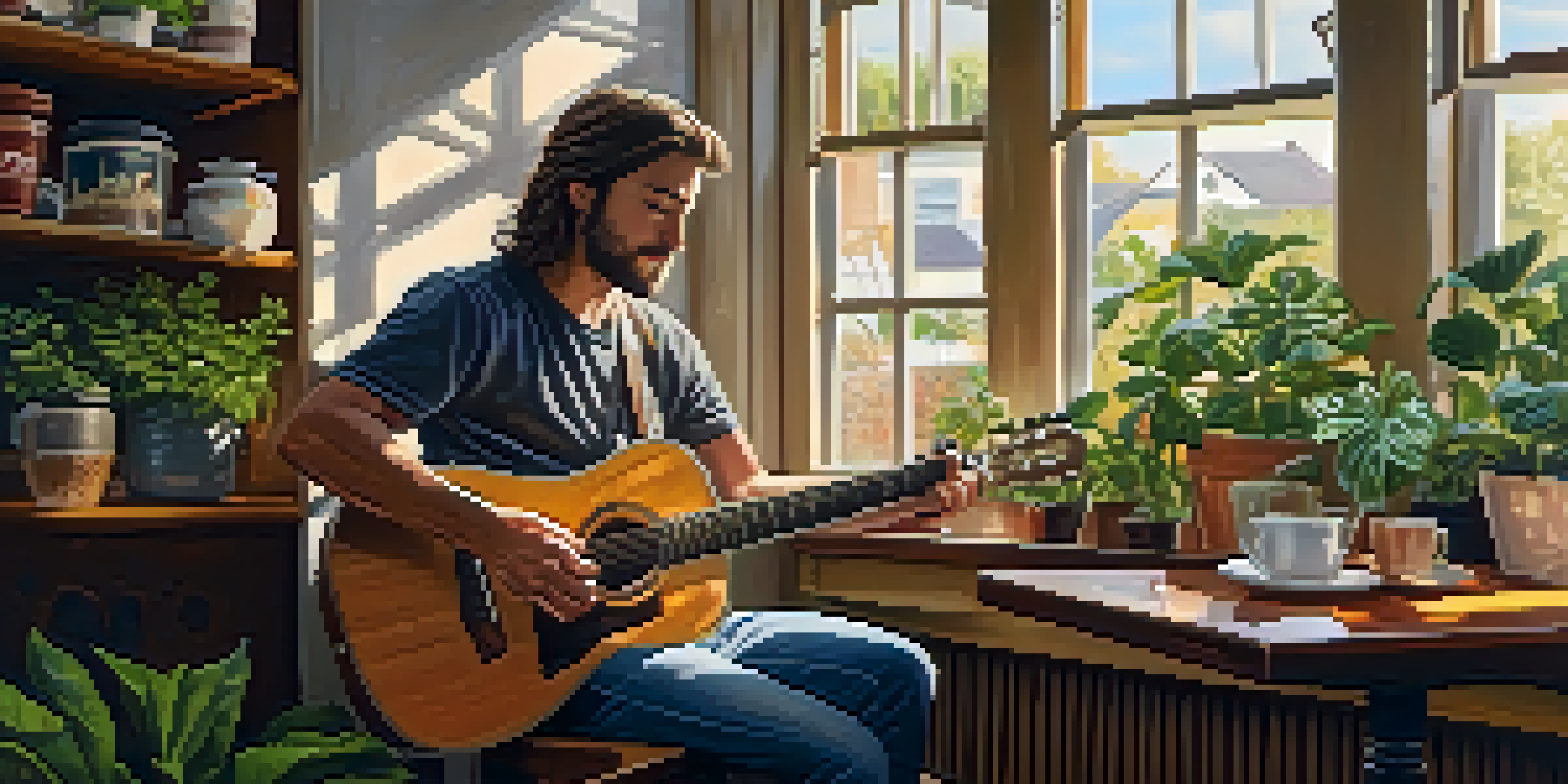 A musician plays an acoustic guitar in a cozy coffee shop with sunlight streaming through the window, surrounded by plants and coffee cups.