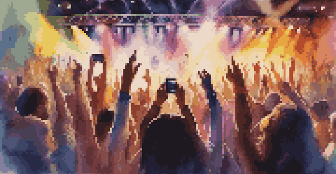 A lively concert scene featuring a diverse group of people enjoying live music with colorful stage lights.