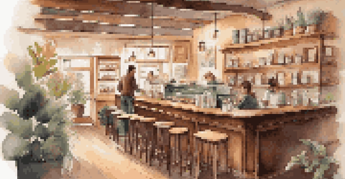 A warm and inviting coffee shop with a barista making a latte, surrounded by wooden shelves and soft lighting.