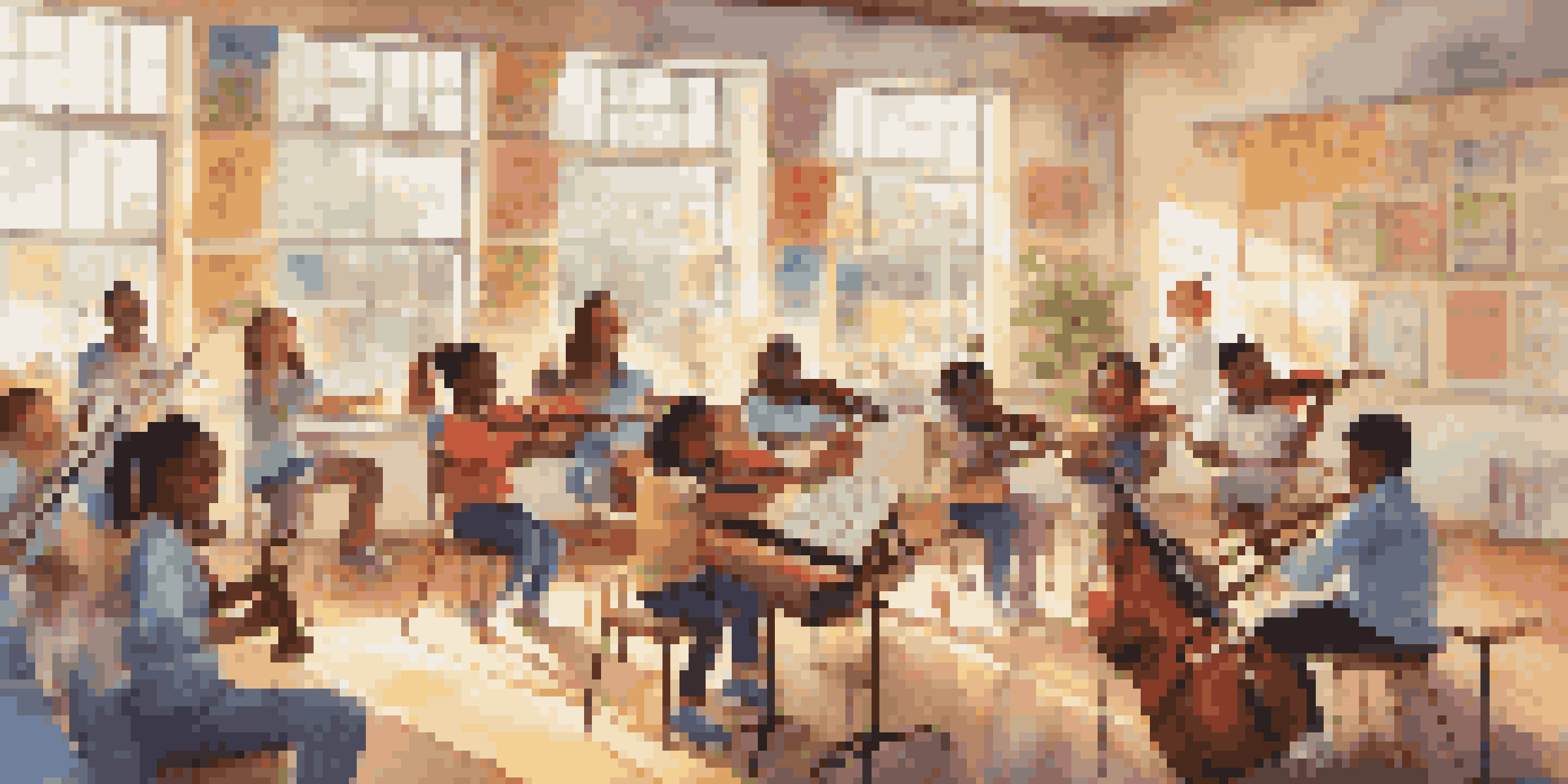 A lively music classroom with diverse students playing instruments under sunlight, with a supportive teacher guiding them.