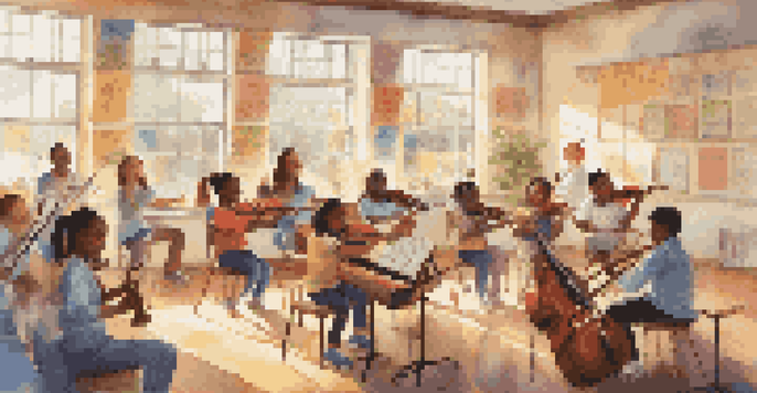 A lively music classroom with diverse students playing instruments under sunlight, with a supportive teacher guiding them.