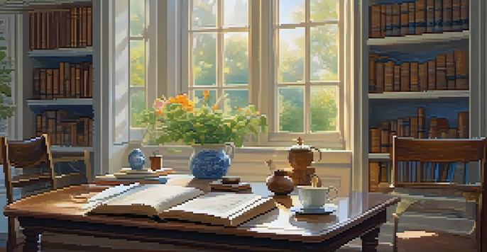 A cozy study room with a wooden desk, open books, a laptop, and a cup of tea, illuminated by natural light, with a view of a garden outside.