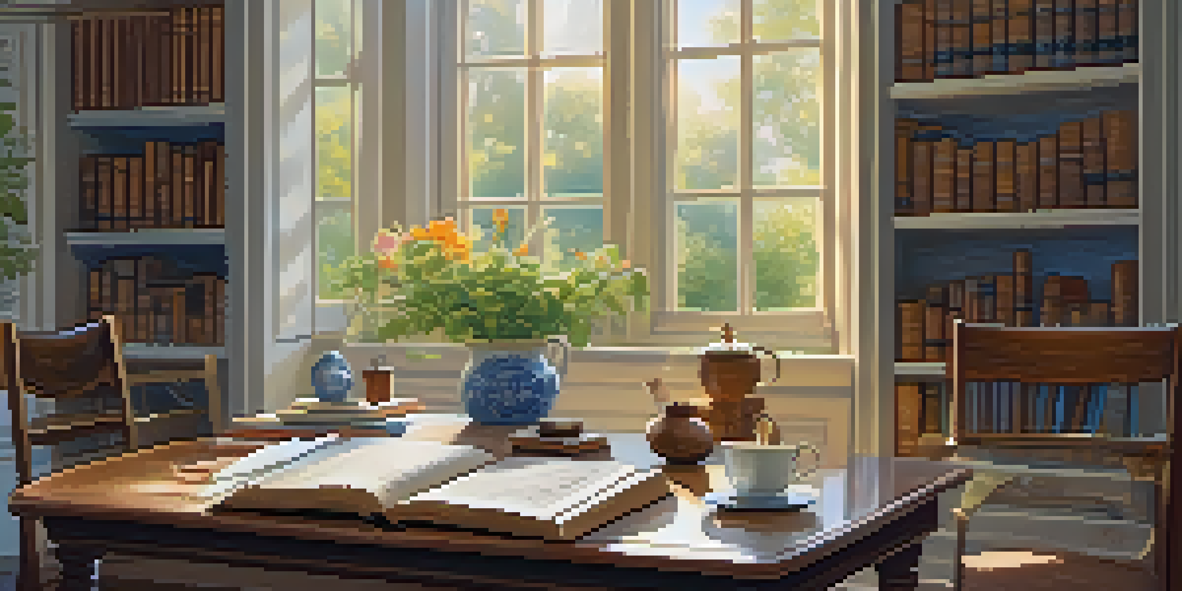 A cozy study room with a wooden desk, open books, a laptop, and a cup of tea, illuminated by natural light, with a view of a garden outside.