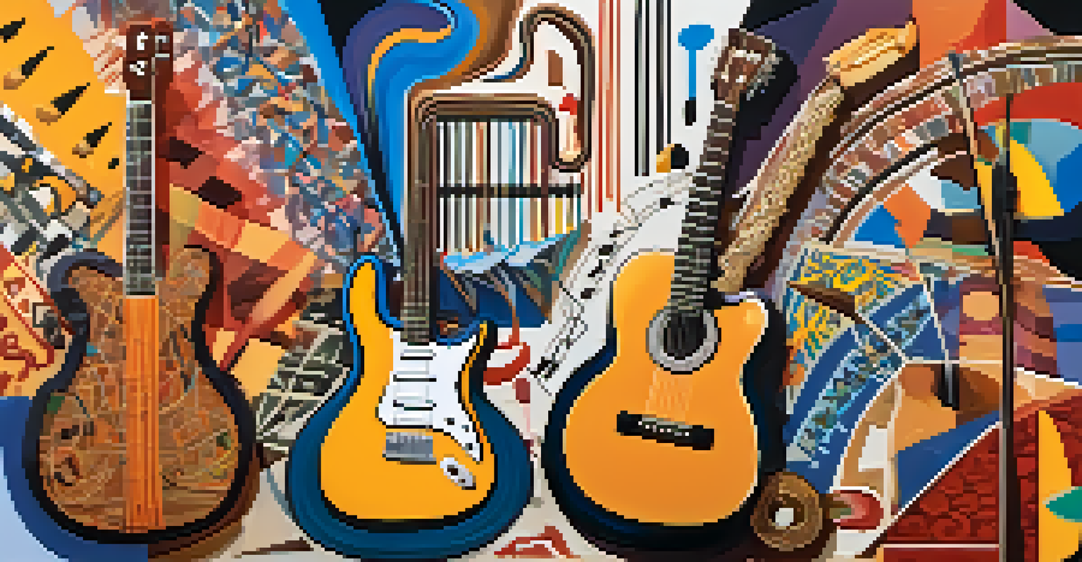 A colorful collage of musical instruments and cultural symbols representing various music genres and the fusion of cultures.