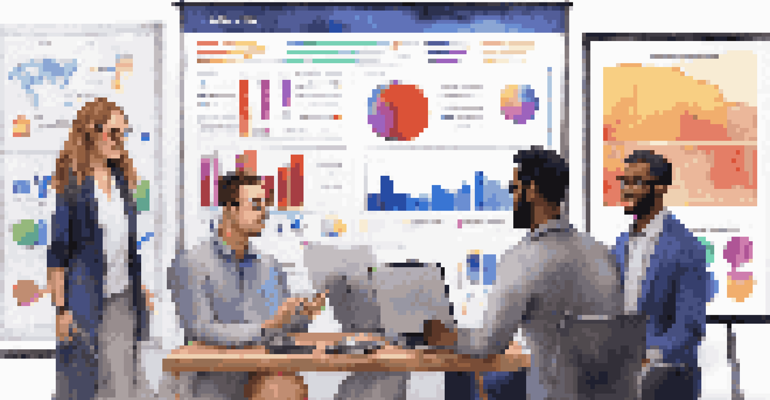 A diverse group of young professionals in a brainstorming session with laptops and social media metrics displayed on a screen.