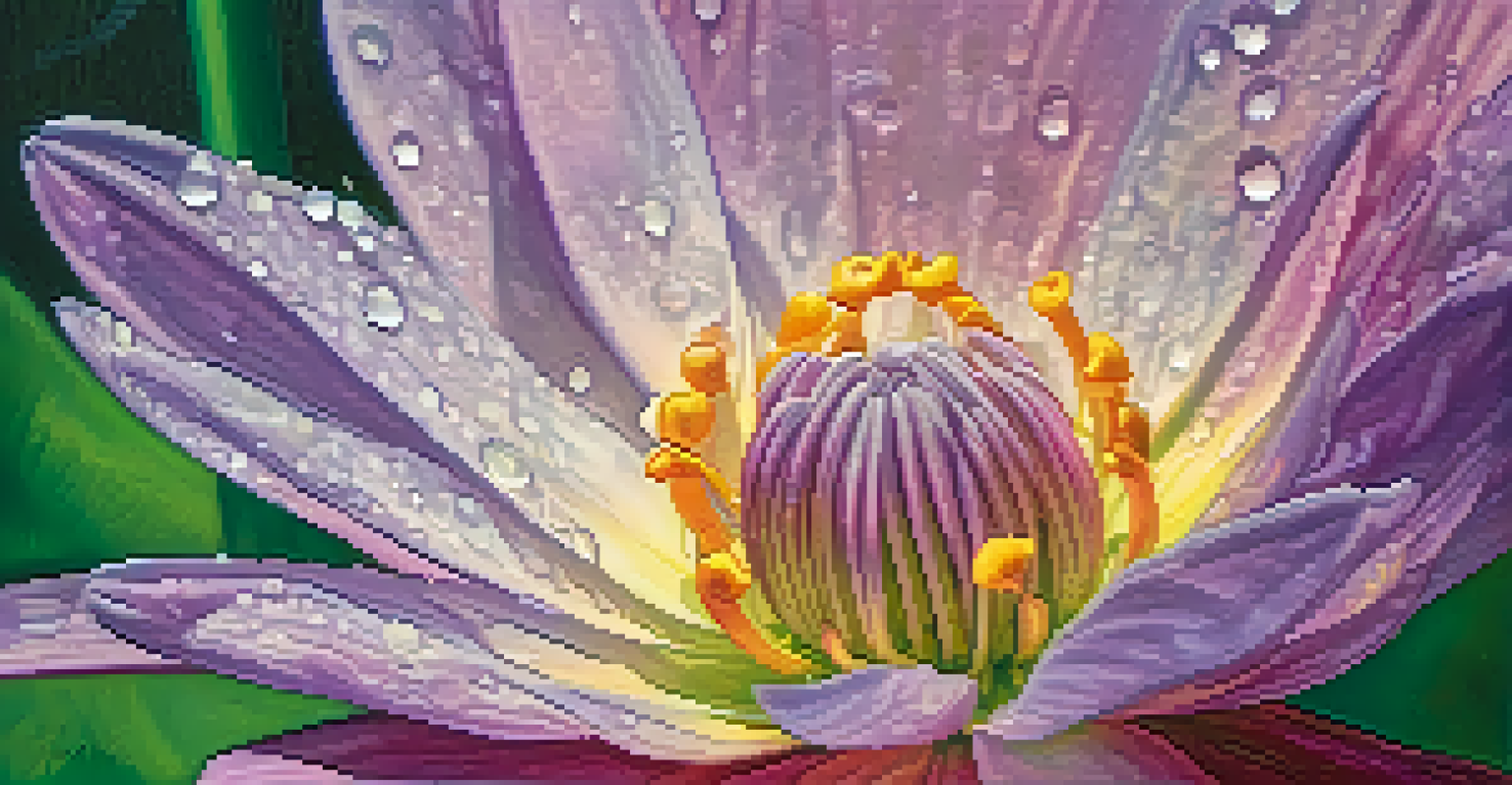 A close-up of a blooming purple and pink flower with dew drops in morning light.