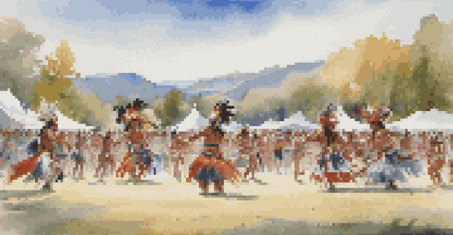 Dancers in traditional regalia performing at a powwow under a bright blue sky, with a crowd of spectators in the background.