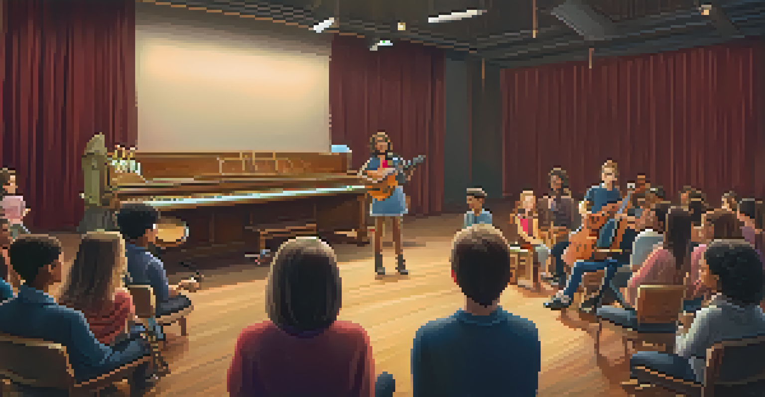 A female music leader speaking to a group of young musicians in a warm, inviting auditorium during a workshop.