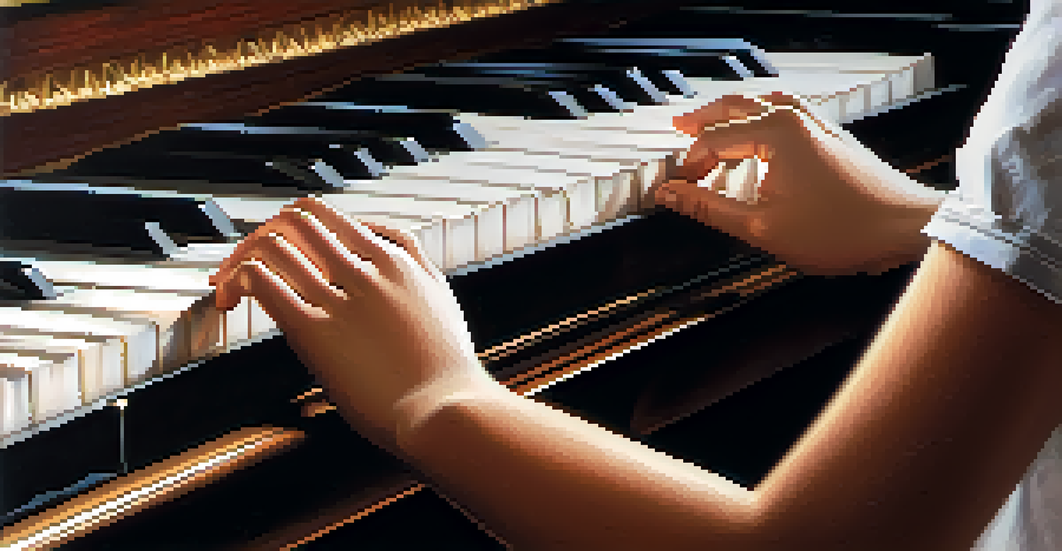 A close-up of a student's hands playing a piano, with focused expression and warm lighting, and sheet music on a stand.