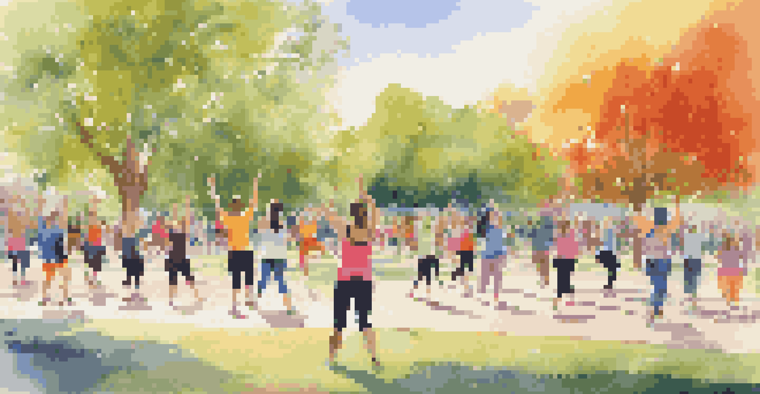 A lively outdoor park filled with people exercising together, enjoying yoga and fitness classes in a colorful setting.
