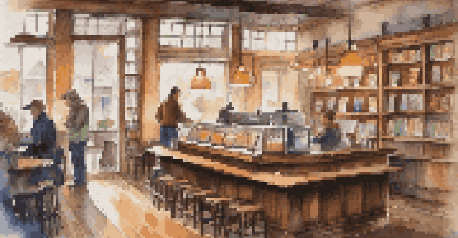 A cozy coffee shop with warm lighting and a rainy street view.