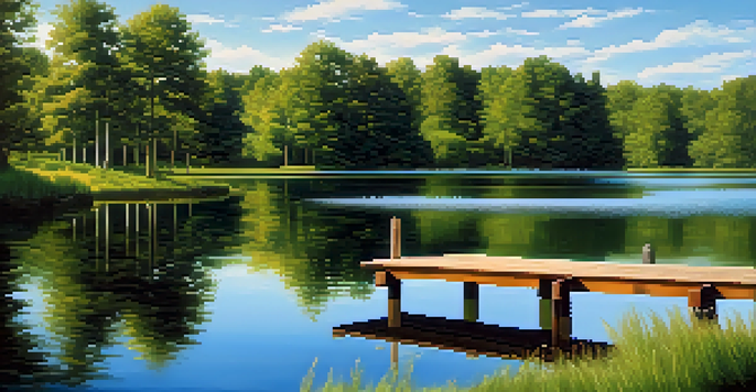 A tranquil lake scene with green trees and a wooden dock under a blue sky.
