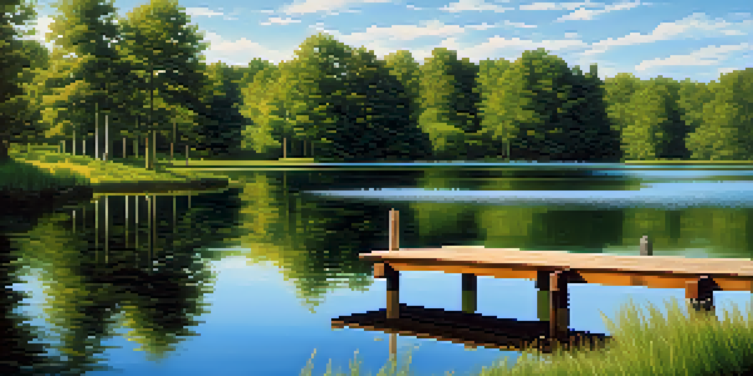 A tranquil lake scene with green trees and a wooden dock under a blue sky.