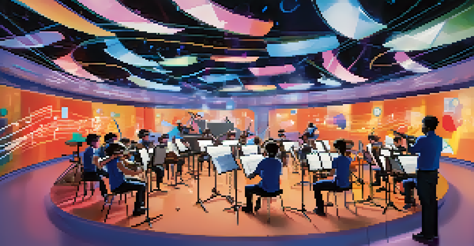 A student wearing a VR headset conducting an orchestra in a virtual reality music education environment.
