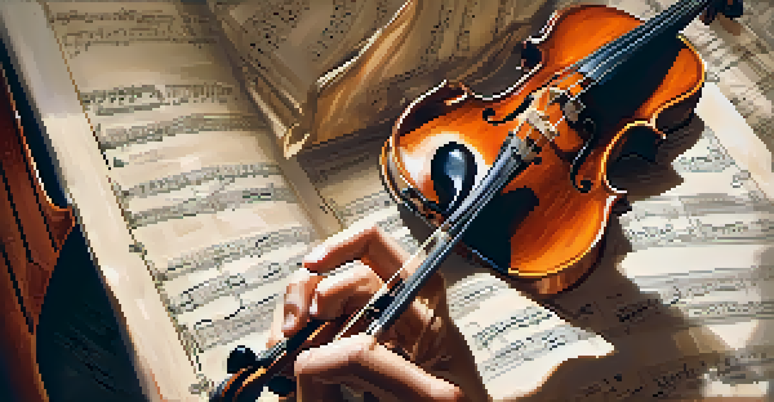 A close-up of hands playing a violin with sheet music in the background.