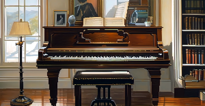 A close-up of a pianist's hands on piano keys with sheet music in a warm, cozy room.