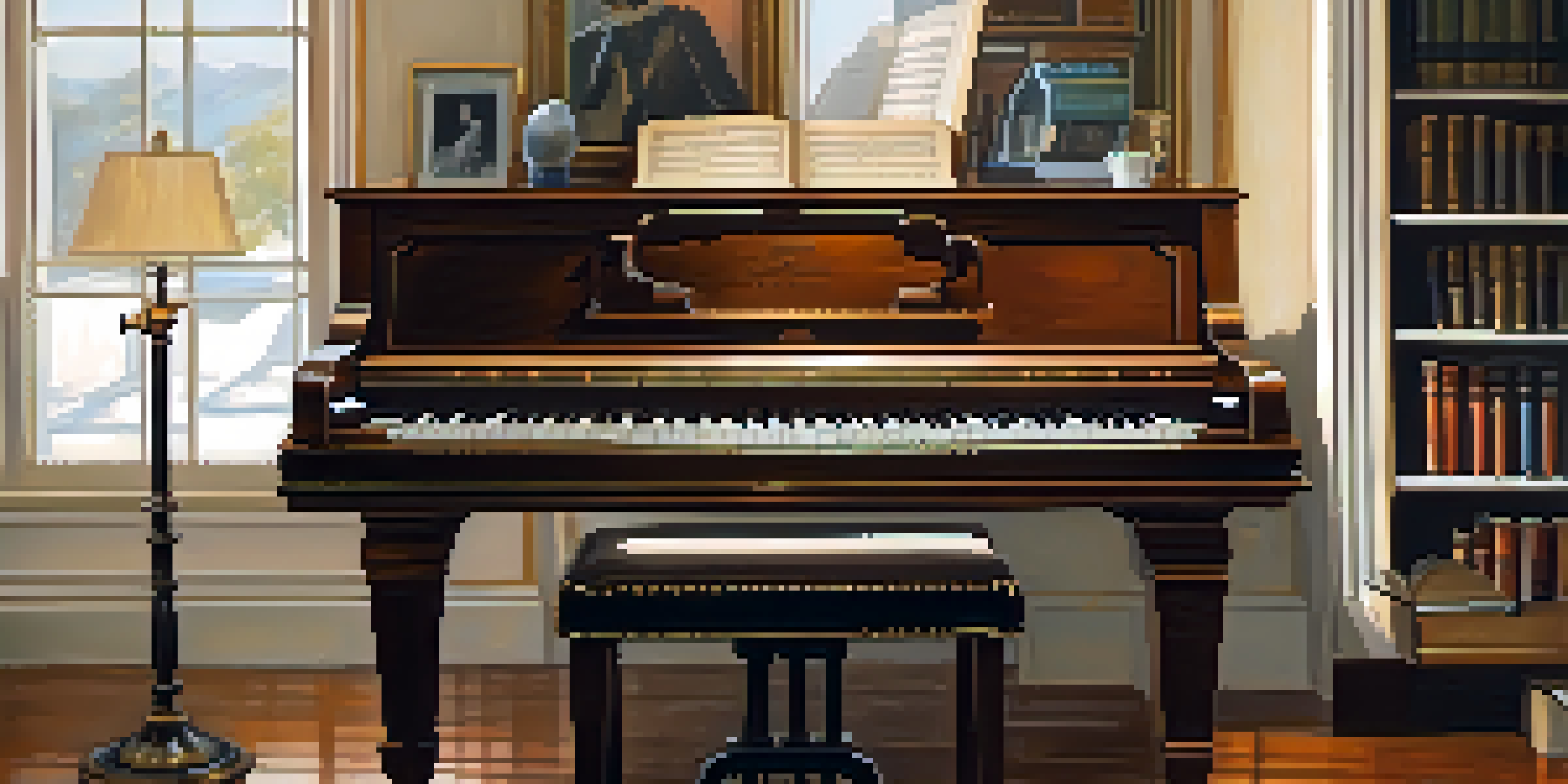 A close-up of a pianist's hands on piano keys with sheet music in a warm, cozy room.