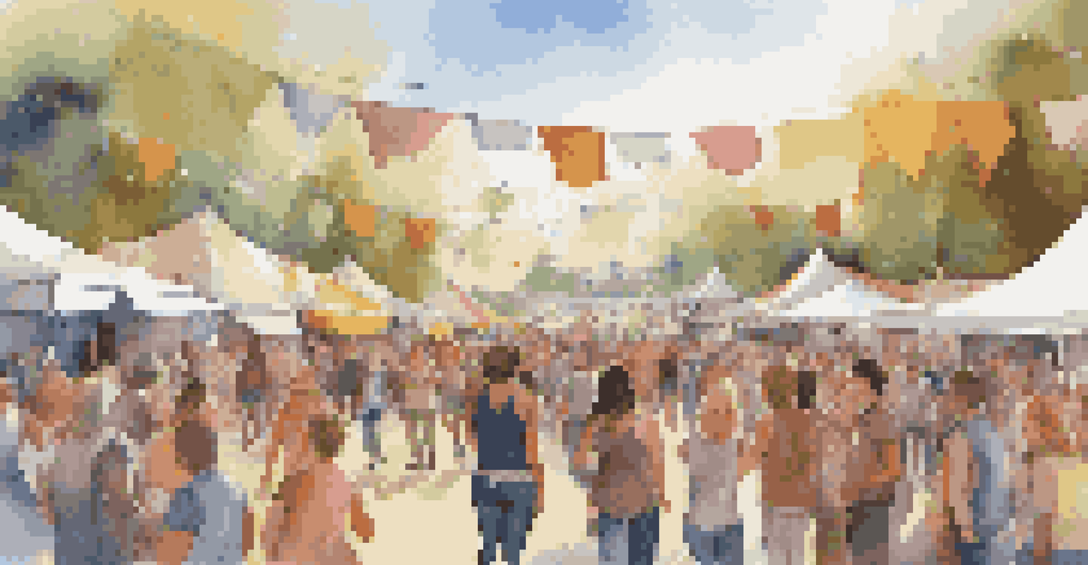 A lively outdoor music festival with diverse attendees enjoying performances under the sun, surrounded by colorful tents and food trucks.