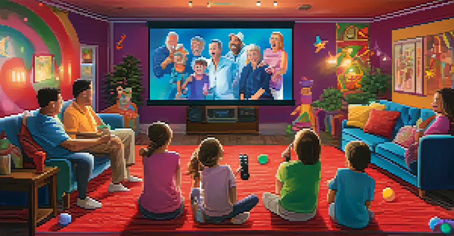A lively family karaoke night with members of all ages singing and enjoying colorful decorations.