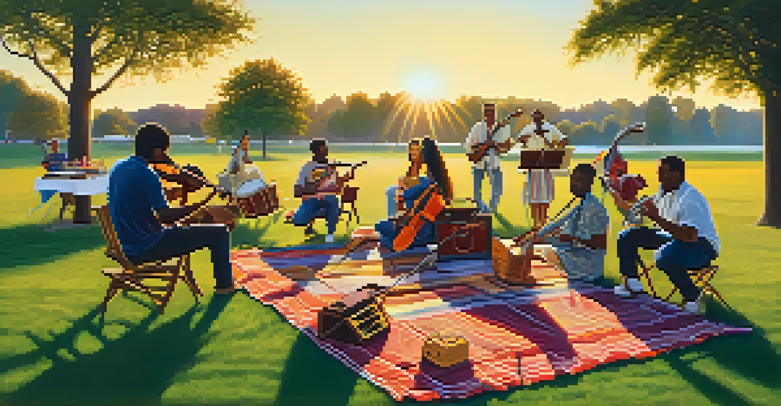 A lively outdoor gathering of musicians playing instruments in a park during sunset, with people dancing and enjoying the atmosphere.