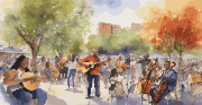 A lively street performance featuring musicians from various cultures playing together in a vibrant urban park filled with flowers.