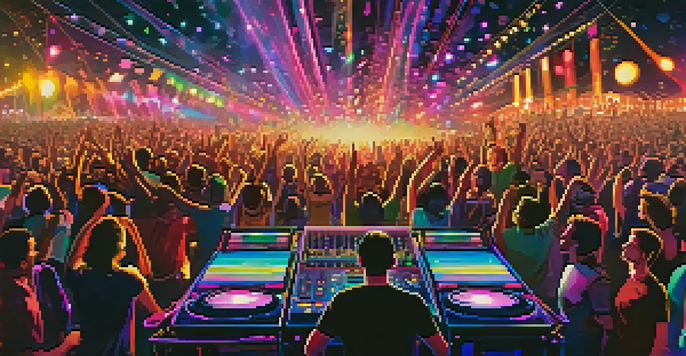 A DJ performing at a lively festival, surrounded by colorful lights and a dancing crowd.