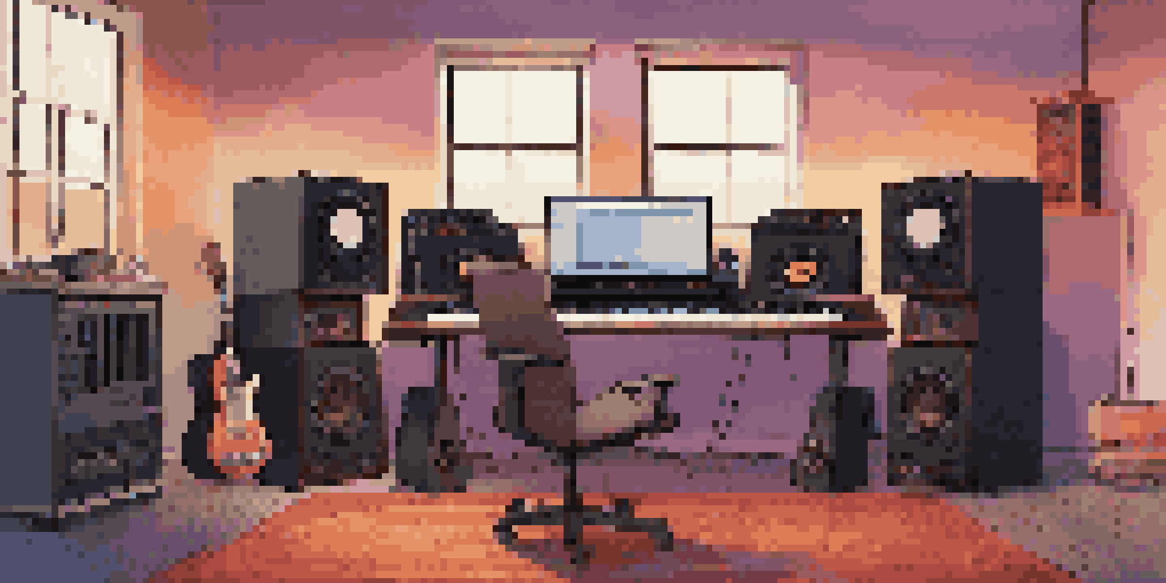A warm and inviting home recording studio with a mixing console, sound panels, and musical instruments.