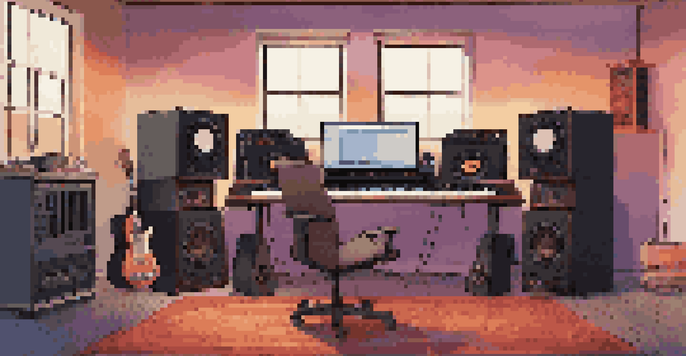 A warm and inviting home recording studio with a mixing console, sound panels, and musical instruments.
