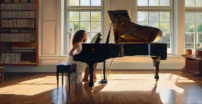 A young woman playing a grand piano in a cozy music studio filled with instruments and musical scores, illuminated by warm sunlight.