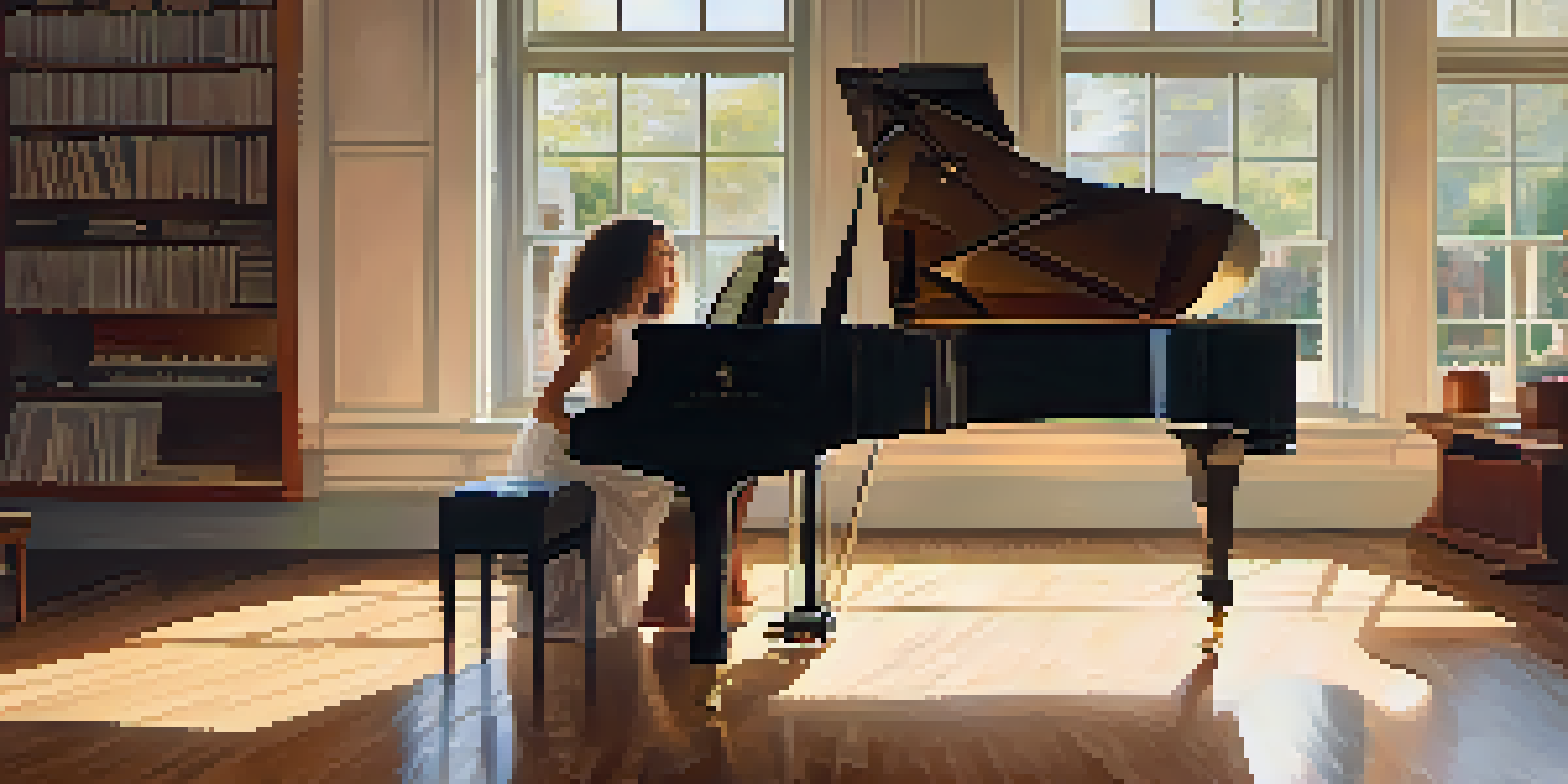 A young woman playing a grand piano in a cozy music studio filled with instruments and musical scores, illuminated by warm sunlight.