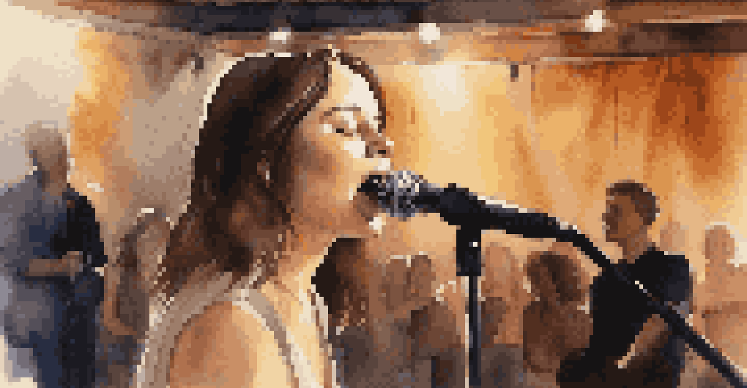 A young singer performing on a small stage under a spotlight, with a blurred audience in the background.