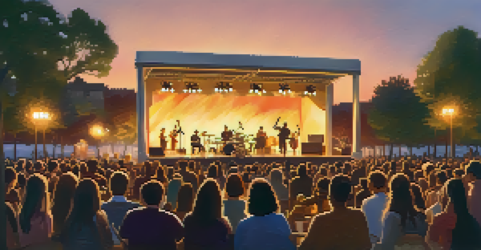 An outdoor concert scene with a diverse crowd enjoying a live performance under warm sunset lighting.