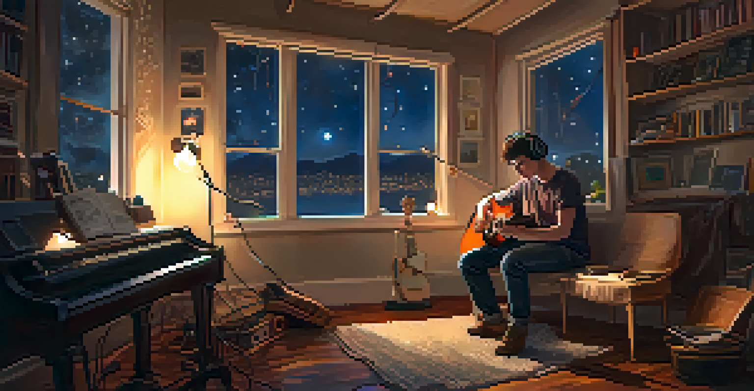 A young person sitting alone in a cozy room, wearing headphones and lost in music, surrounded by instruments and soft lighting.