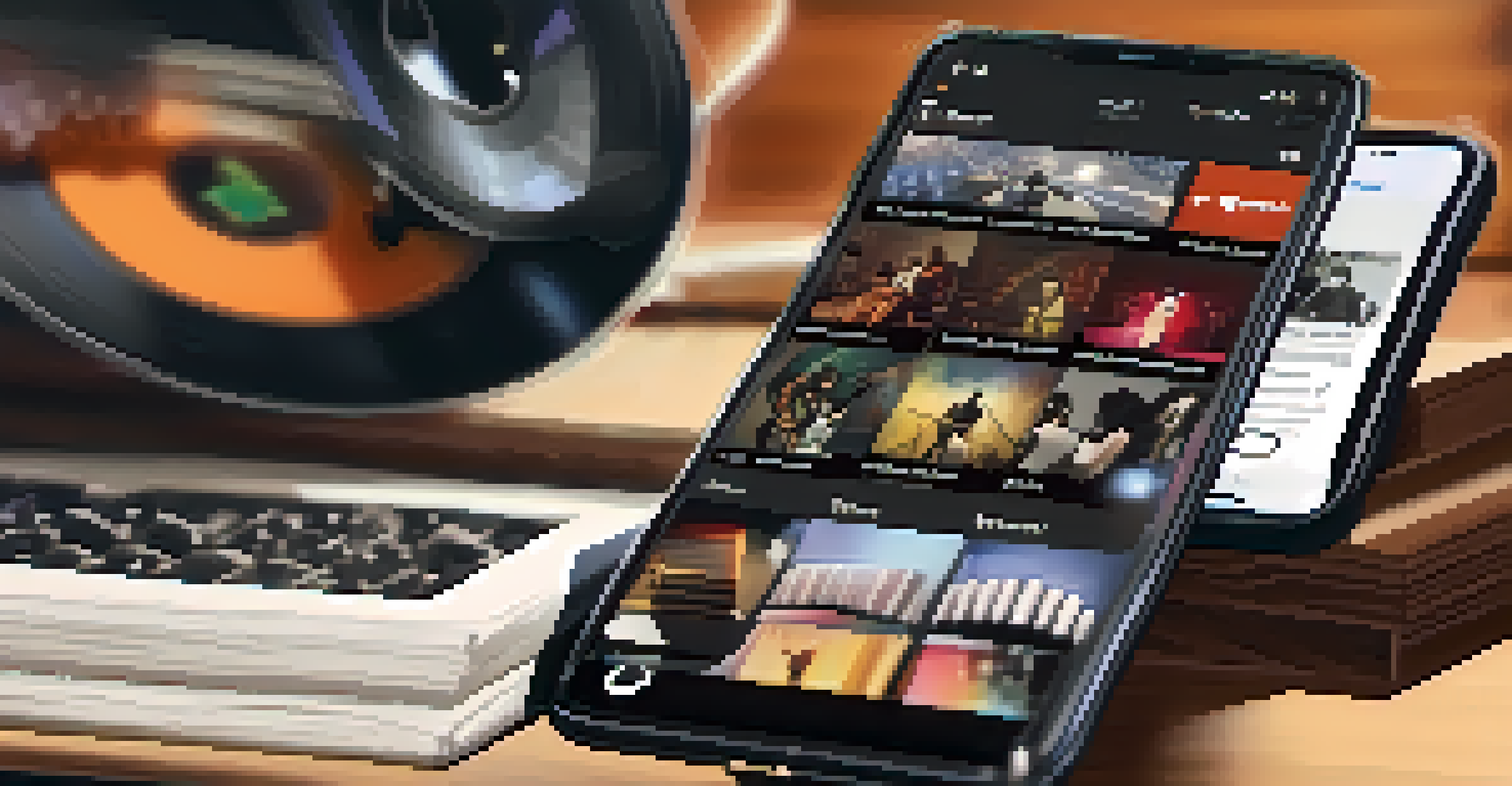 A close-up of a smartphone showing a social media feed with music-related posts, while a musician works in the background.