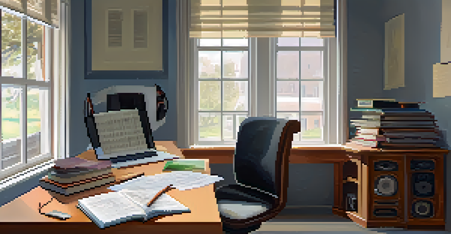 A study space filled with notebooks, a laptop, and classical music sheets, illuminated by natural light.
