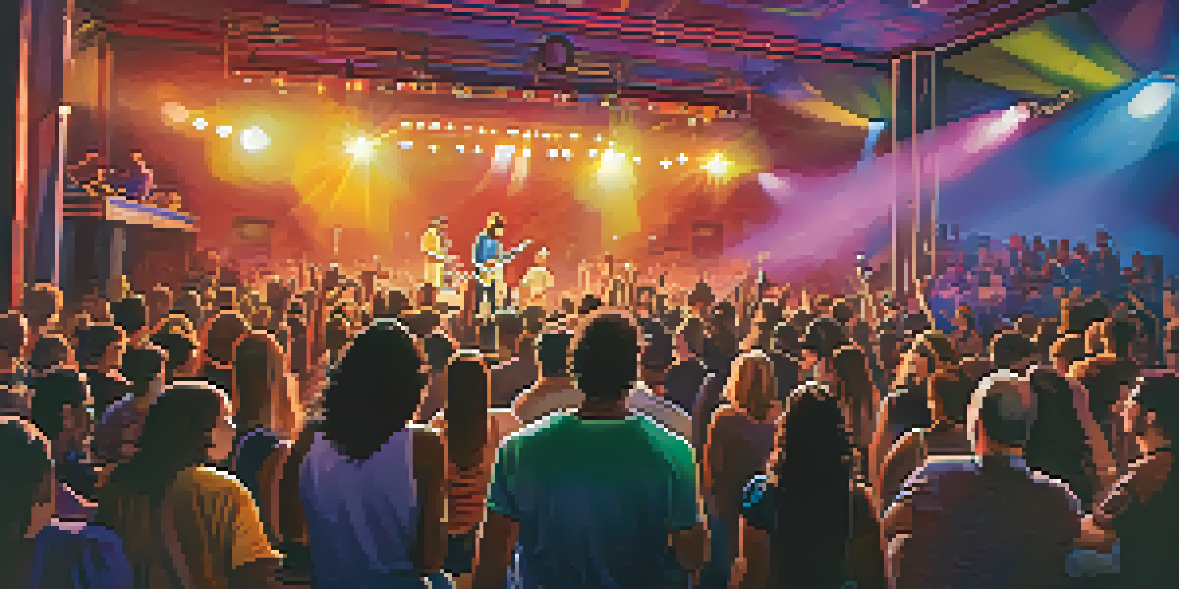 A lively concert scene at a music venue with diverse audience members enjoying the performance.