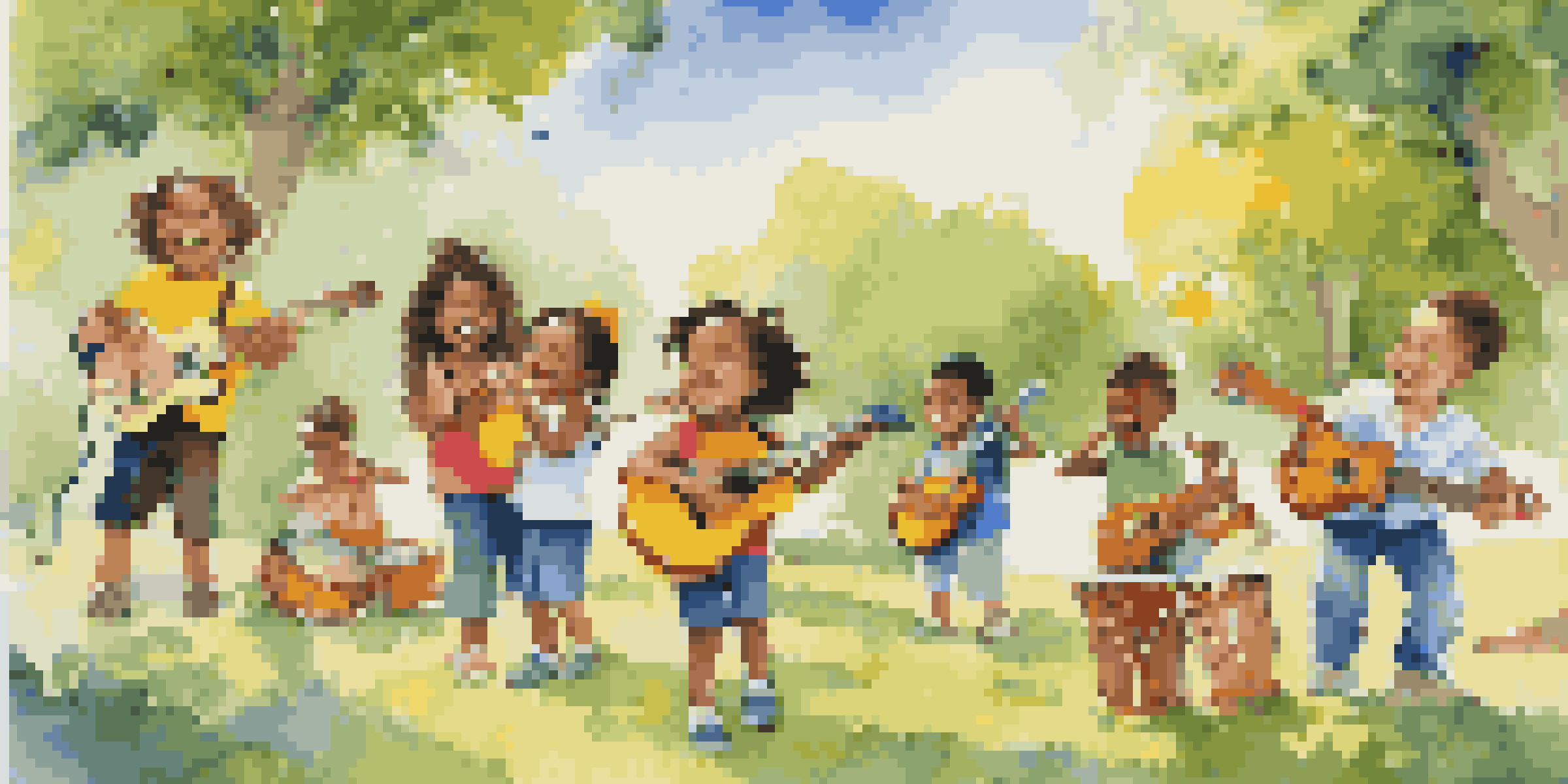 A group of joyful children playing musical instruments in a sunny park, surrounded by trees and a clear blue sky.