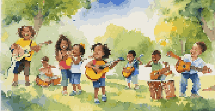 A group of joyful children playing musical instruments in a sunny park, surrounded by trees and a clear blue sky.