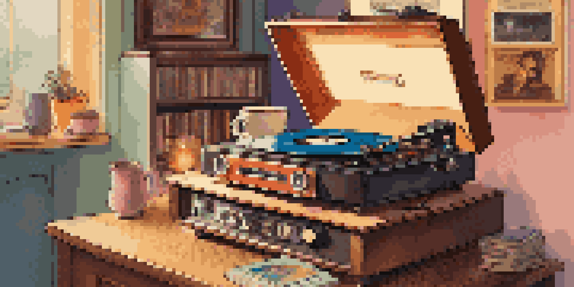 A cozy setting with a vintage record player, colorful vinyl records, and a notebook filled with lyrics, illuminated by warm lighting.