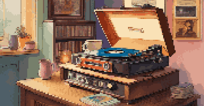 A cozy setting with a vintage record player, colorful vinyl records, and a notebook filled with lyrics, illuminated by warm lighting.