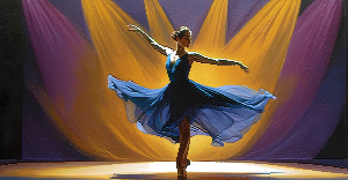 A dancer in a blue dress performing gracefully on stage under a golden spotlight, with a dark purple background.