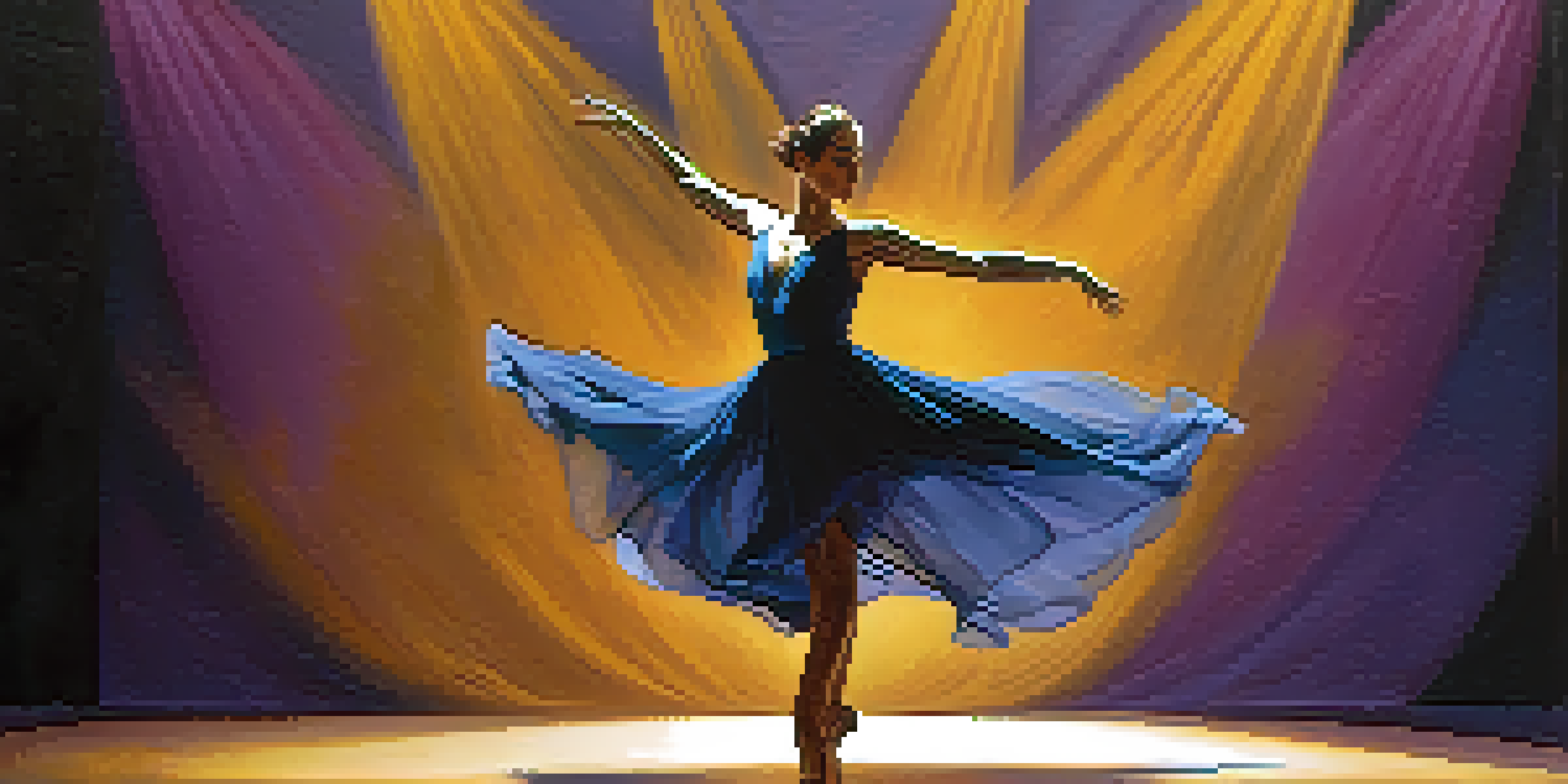 A dancer in a blue dress performing gracefully on stage under a golden spotlight, with a dark purple background.