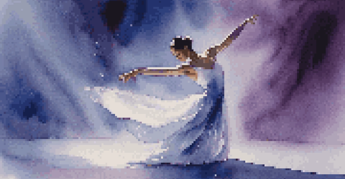A dancer in a flowing white costume performing on stage, bathed in soft warm lights with a deep blue and purple background.