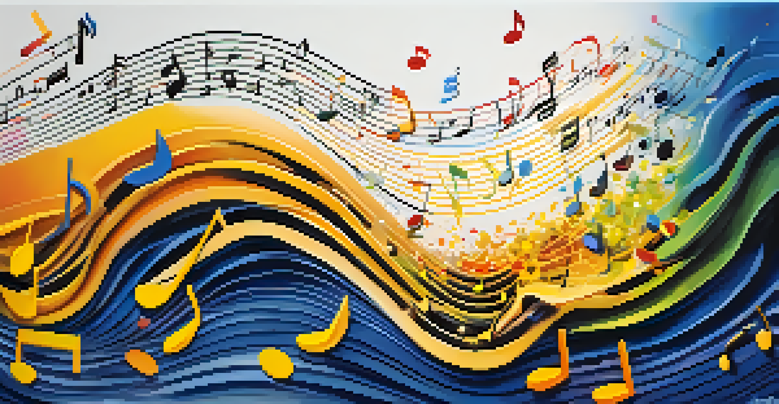Abstract representation of sound waves, musical notes, and phonetic symbols in vibrant colors.