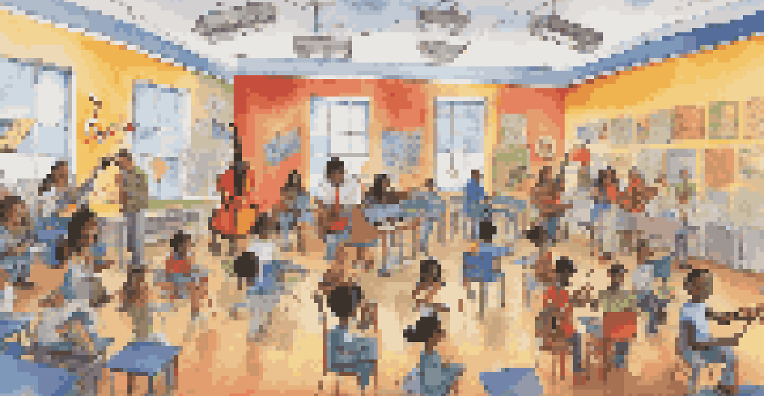 An artistic representation of different music genres connected to various subjects in a classroom, with vibrant illustrations around books and experiments.