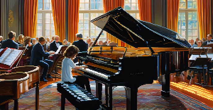 A composer seated at a grand piano with orchestral scores and instruments around them, in warm lighting.
