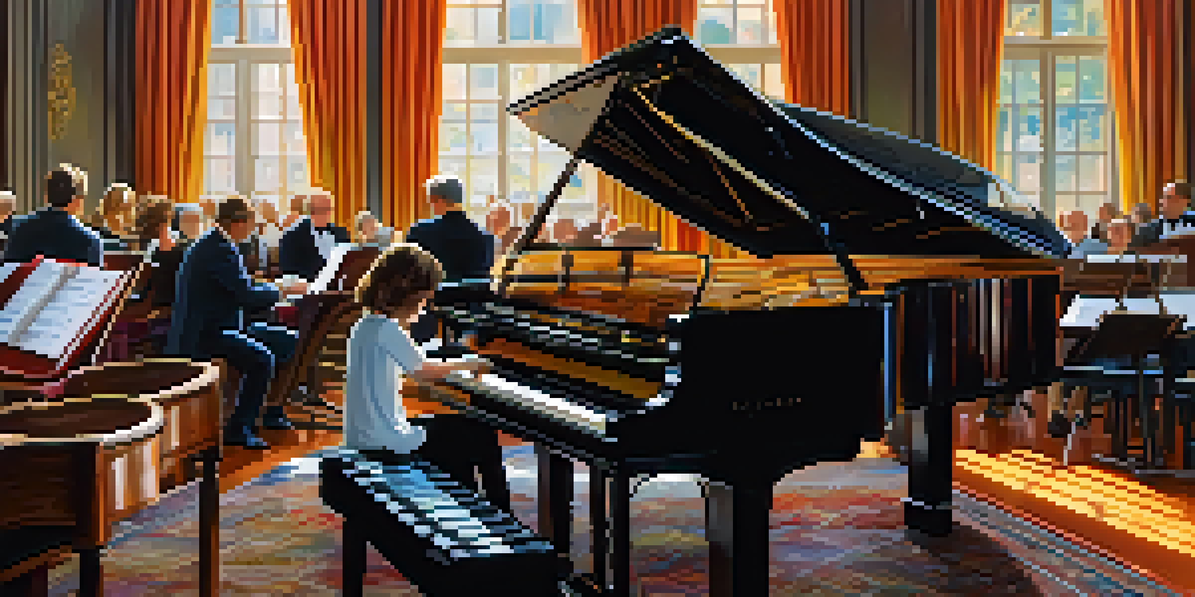 A composer seated at a grand piano with orchestral scores and instruments around them, in warm lighting.