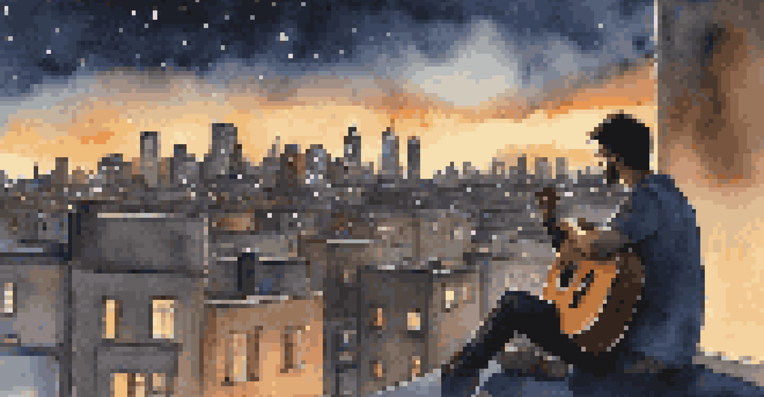 A person playing an acoustic guitar on a rooftop under a starry night sky with a city skyline in the background.