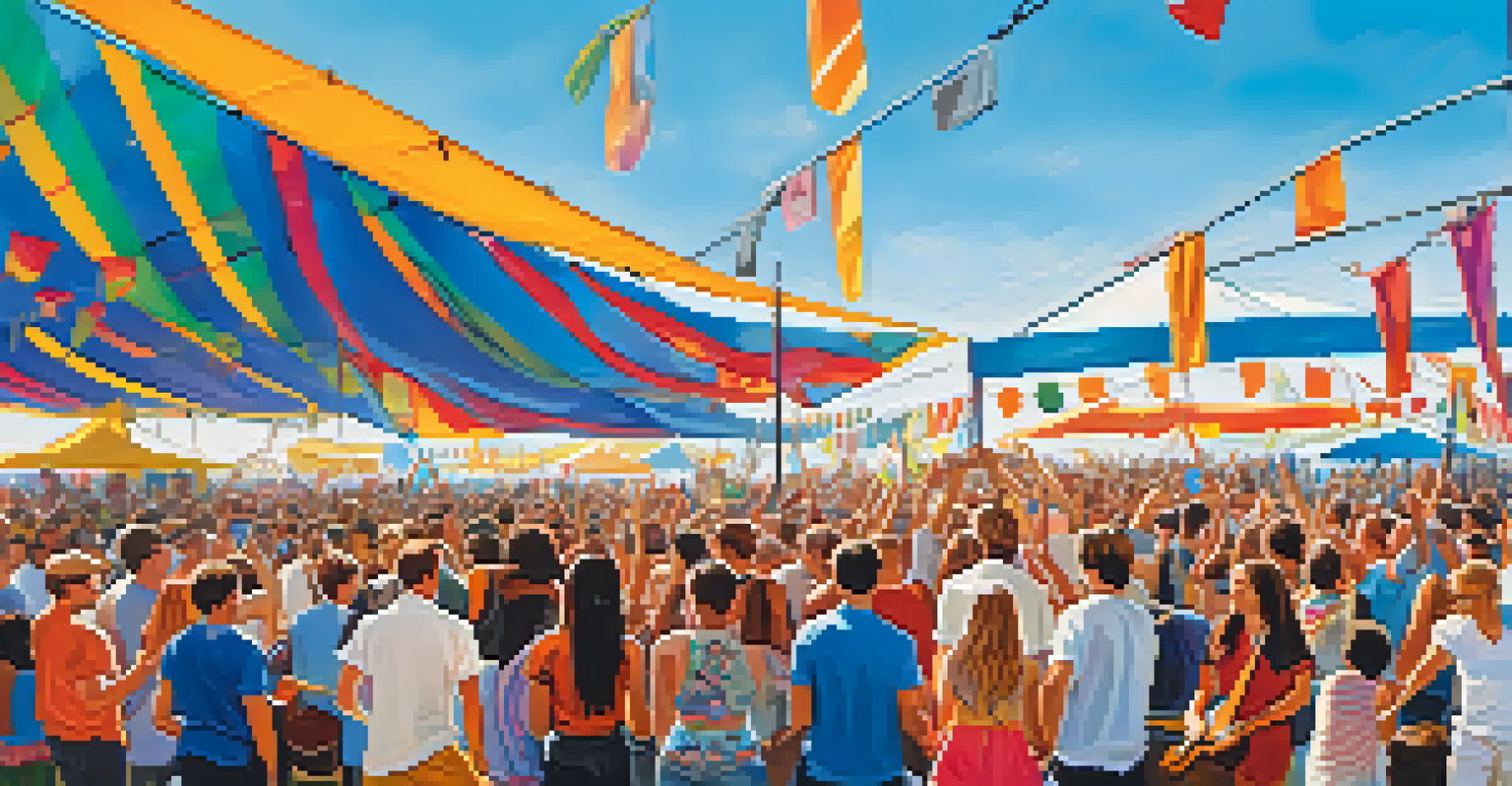 A lively outdoor music festival with people enjoying performances, colorful tents, and a stage filled with musicians.